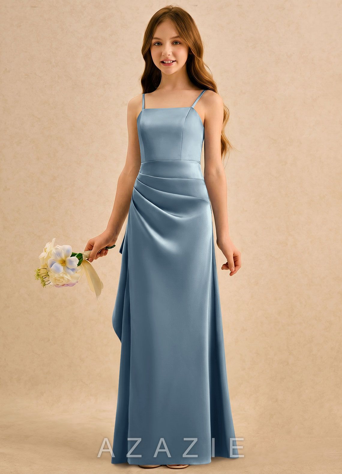 Azazie Cannoli Girls Formal Dusty Blue A-Line Pleated Stretch Satin Dress dusty_blue