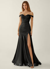 Gueritemar Black Lace Sequin Embroidery Stretch Satin Prom Dress