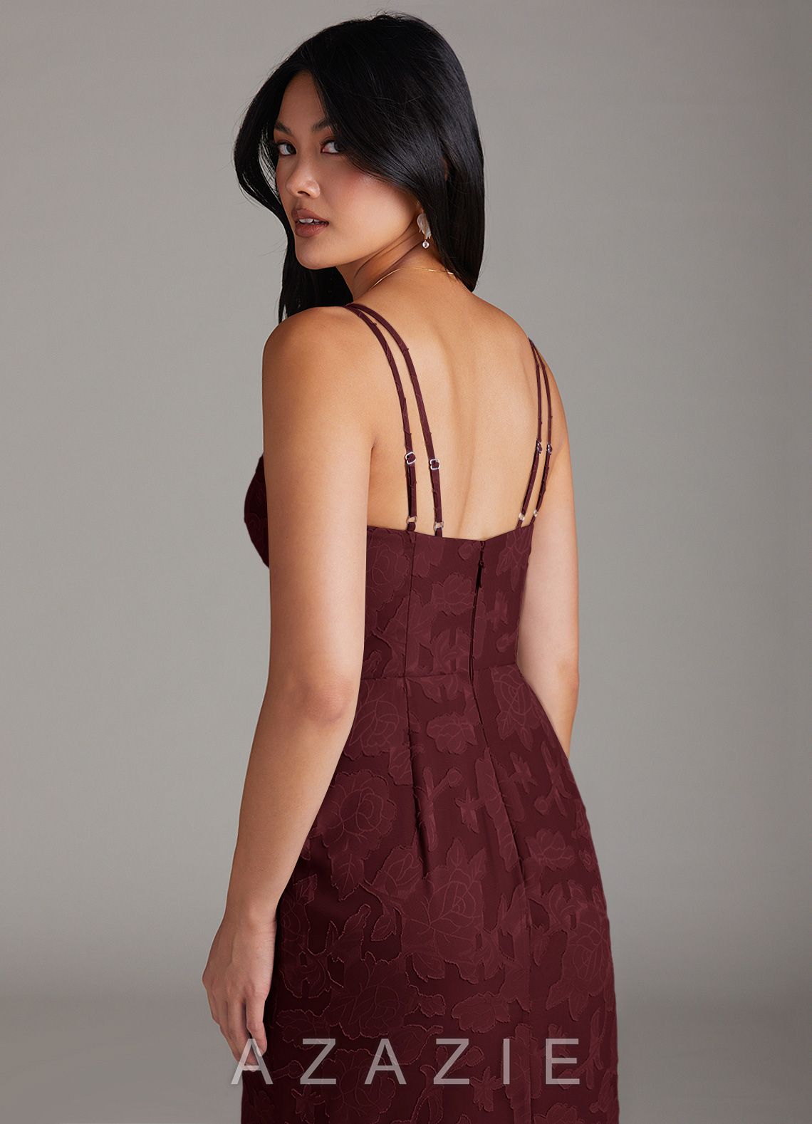 Azazie Leo Cabernet Sheath Pleated Floral Burnout Dress cabernet