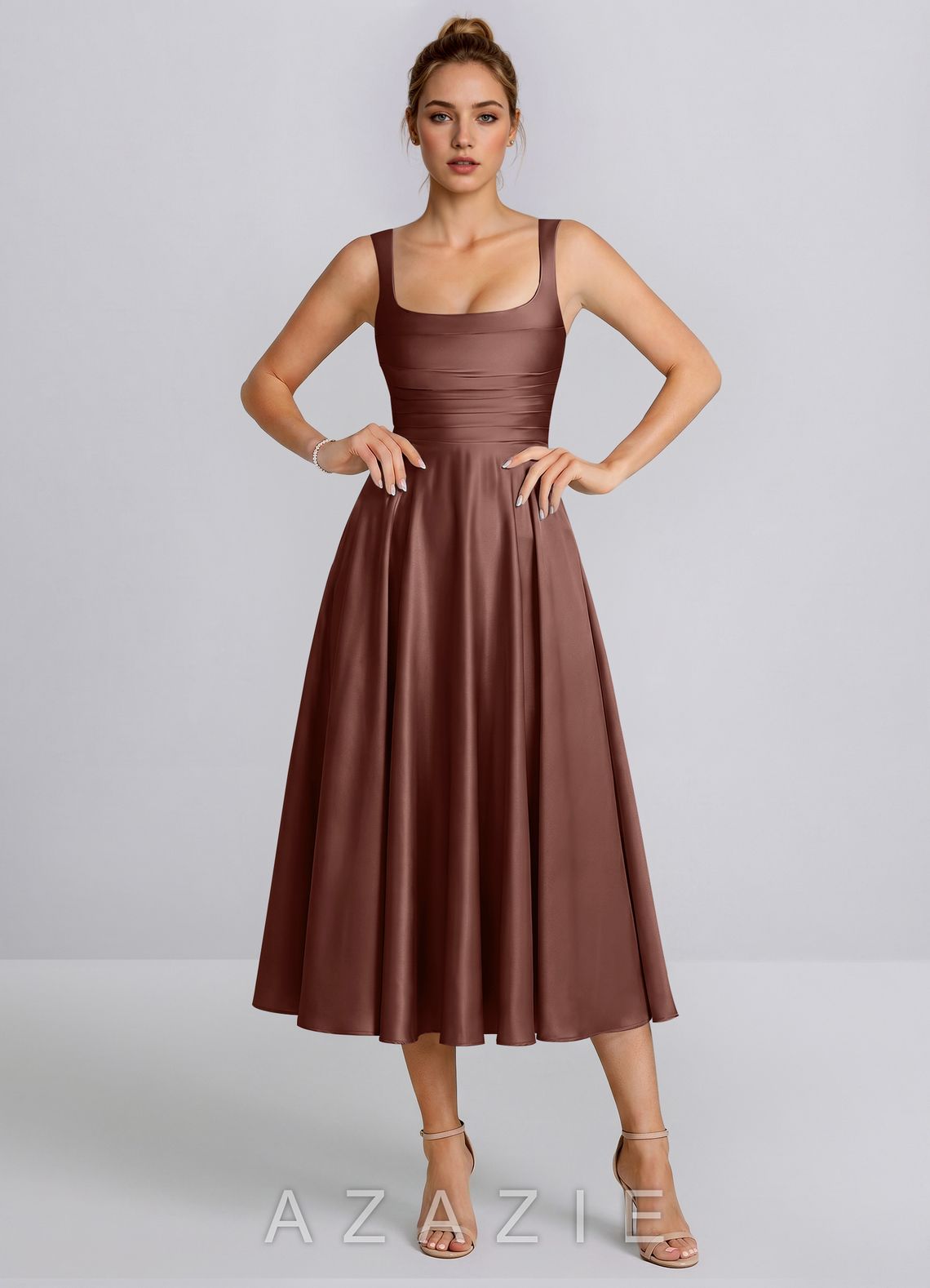Ines Mocha Coco Square Neck Satin Lace-Up A-Line Midi Dress