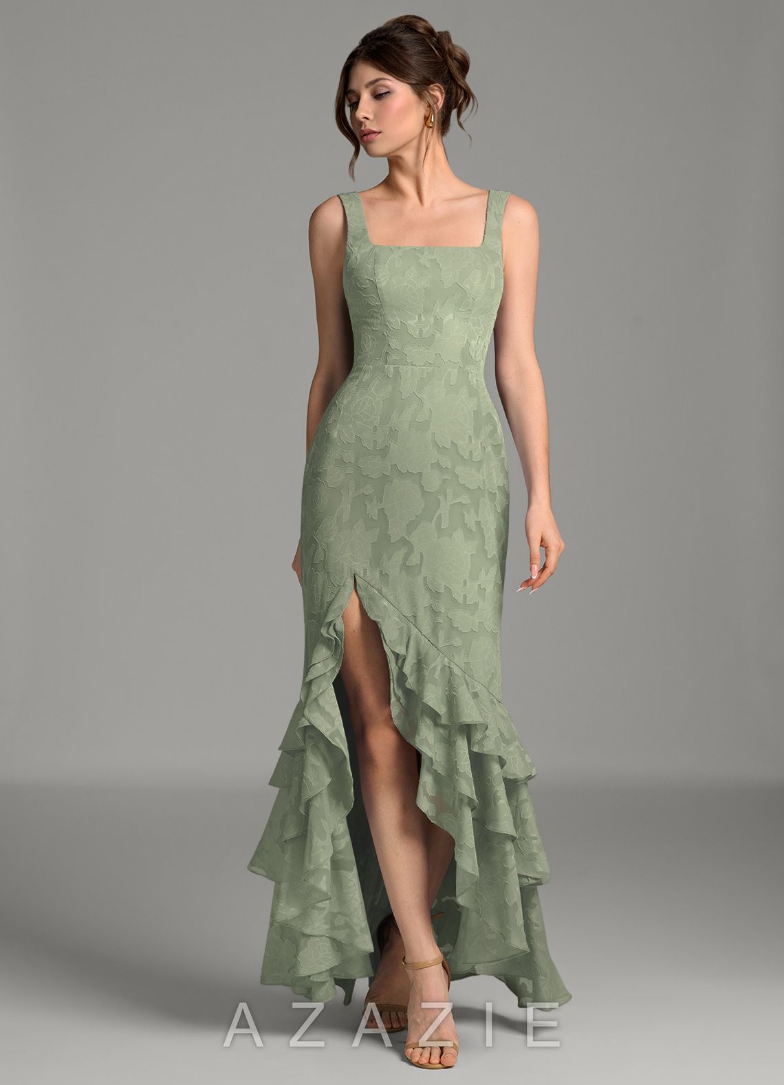 Azazie Apolline Agave Mermaid Corset Floral Burnout Dress agave