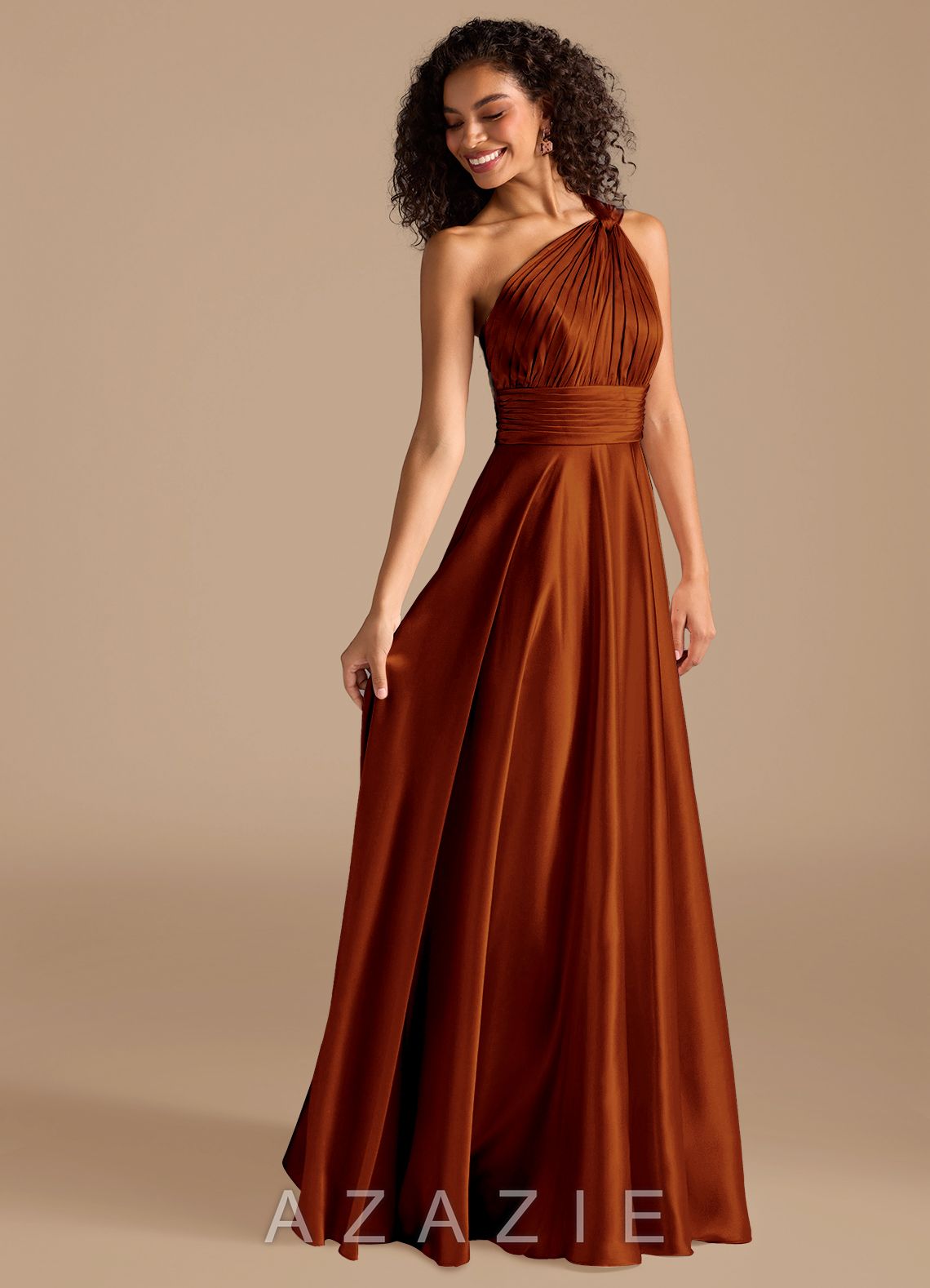 Azazie Charlize Auburn A-Line One Shoulder Metallic Satin Dress auburn