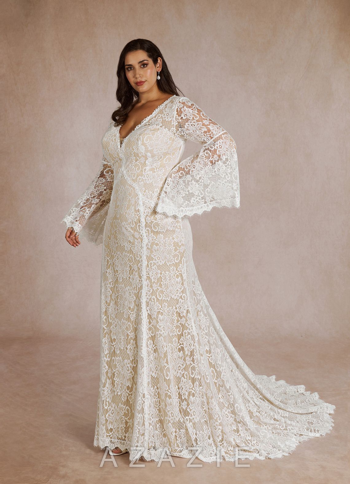 Azazie Hayes Wedding Dress Diamond White Champagne Mermaid V-Neck Lace Dress diamond_white/champagne