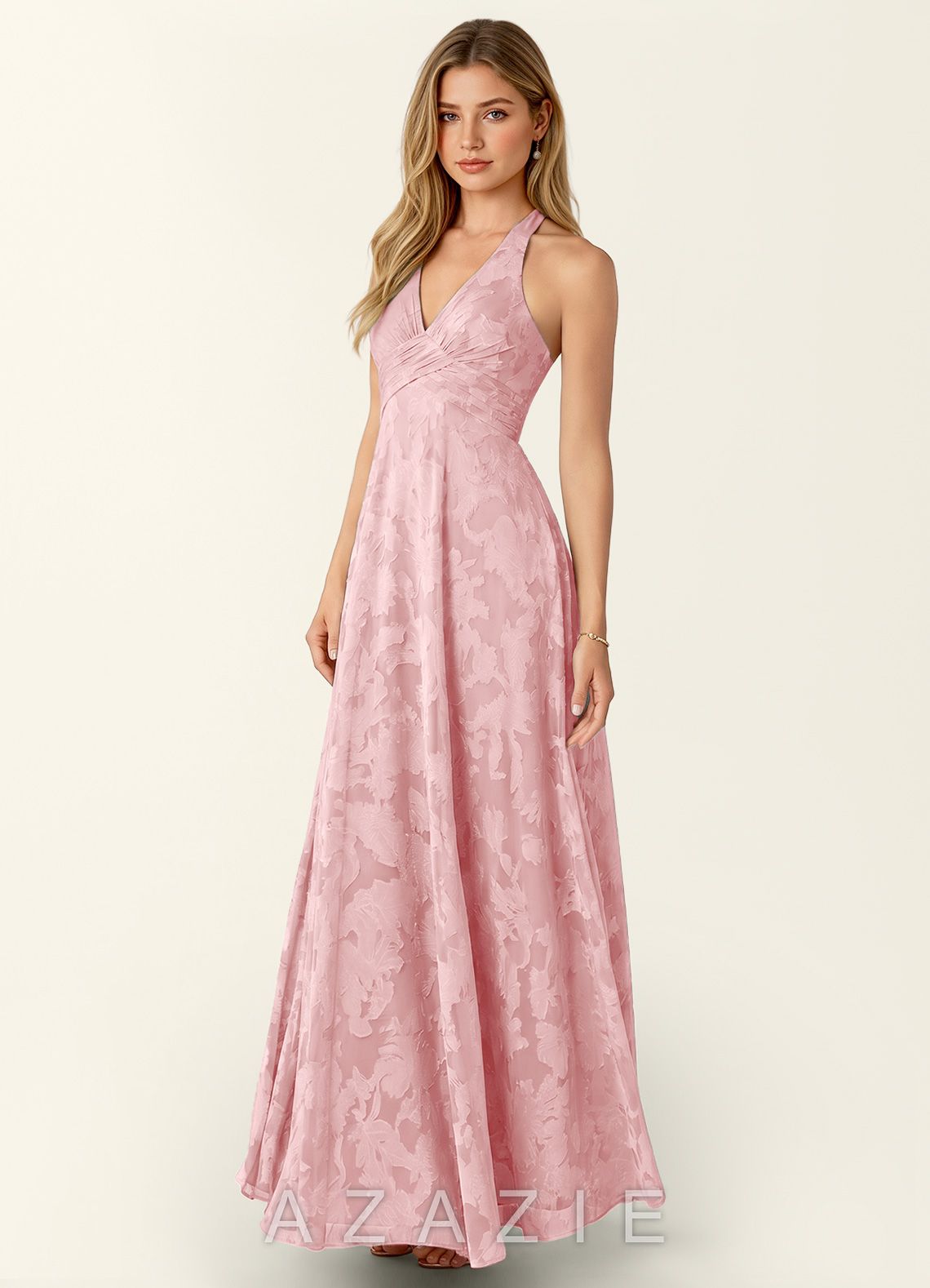 Celeste Coral Pink Lace V-neck A-Line Maxi Dress