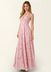 Celeste Coral Pink Lace V-neck A-Line Maxi Dress