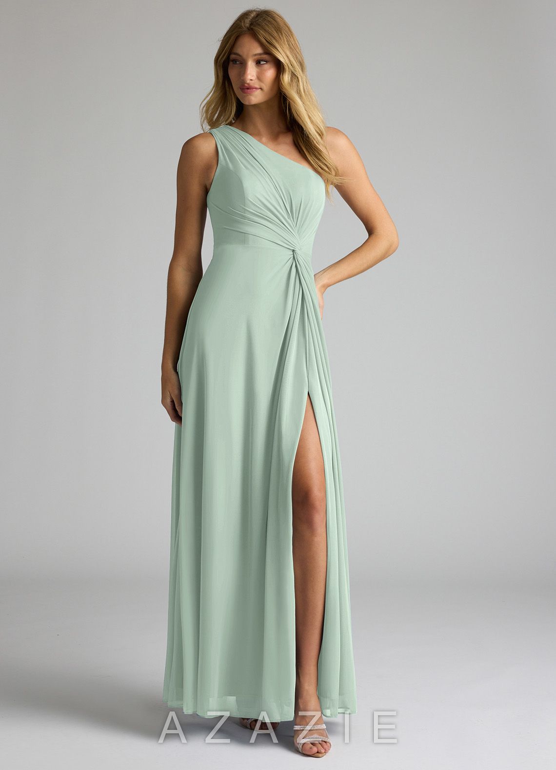 Azazie Brooke Agave A-Line One Shoulder Mesh Dress agave