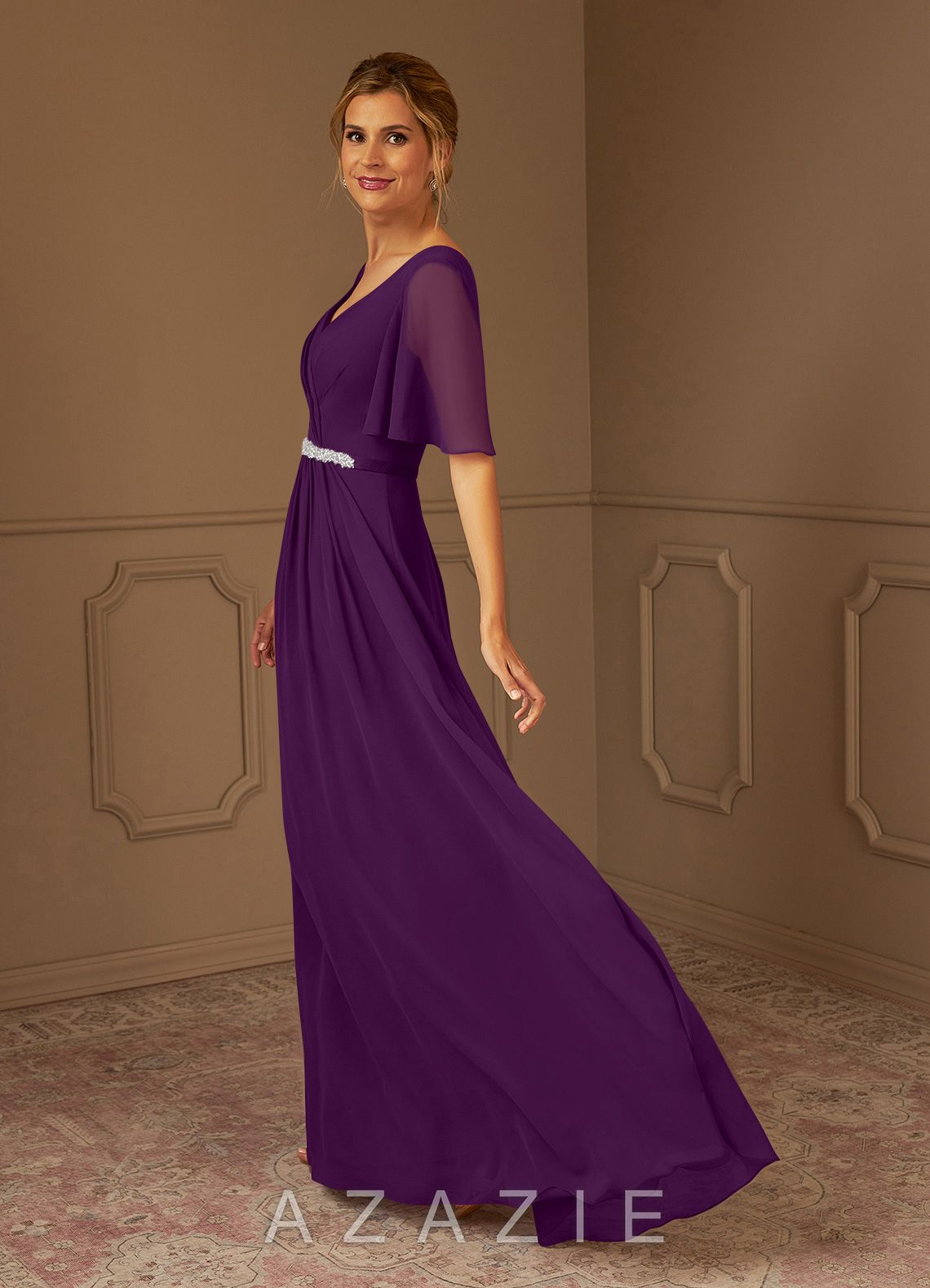 Azazie Tricia Grape A-Line V-Neck Pleated Chiffon Dress grape