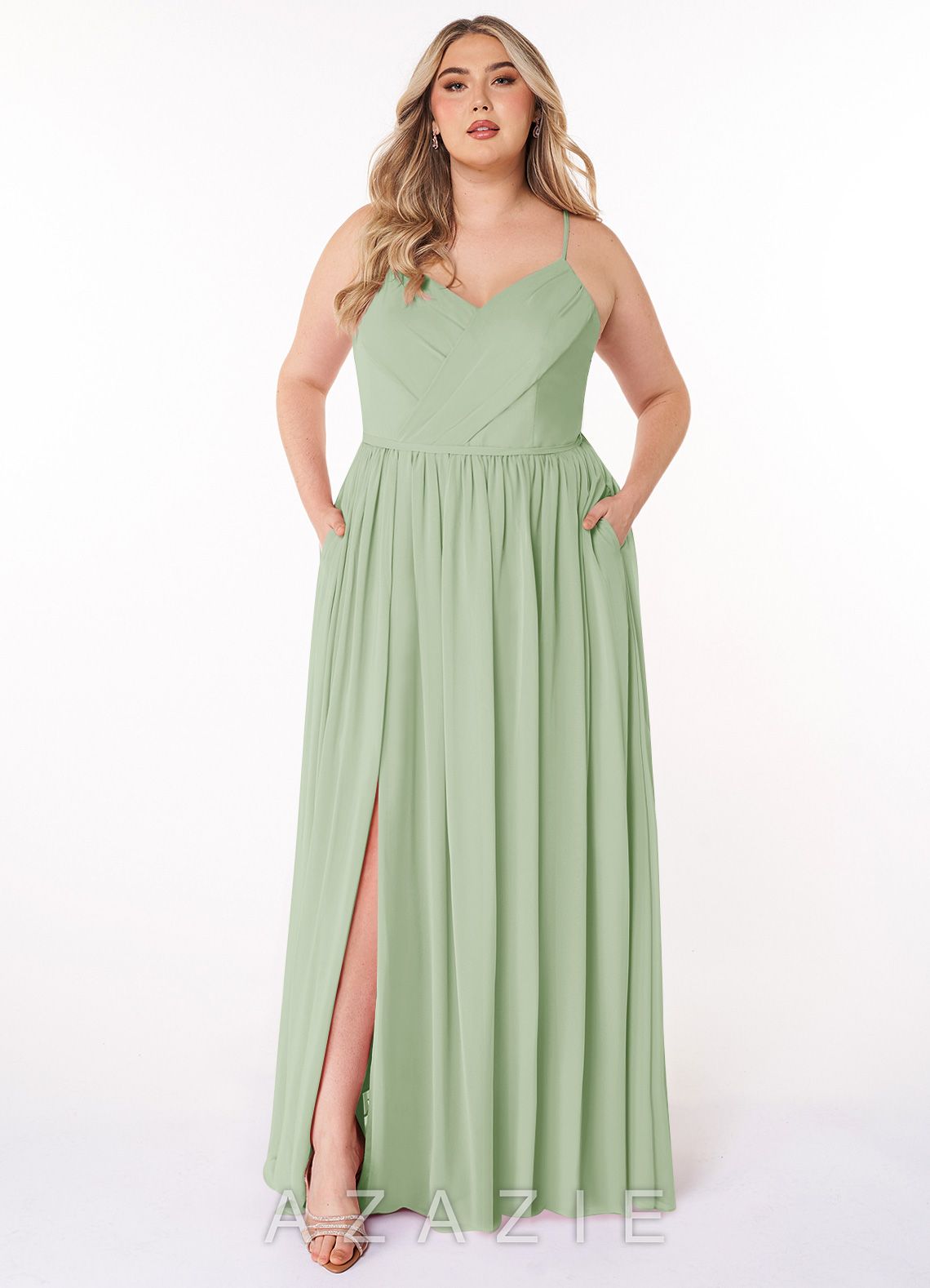 Azazie Cora Dusty Sage A-Line Pleated Chiffon Dress dusty_sage