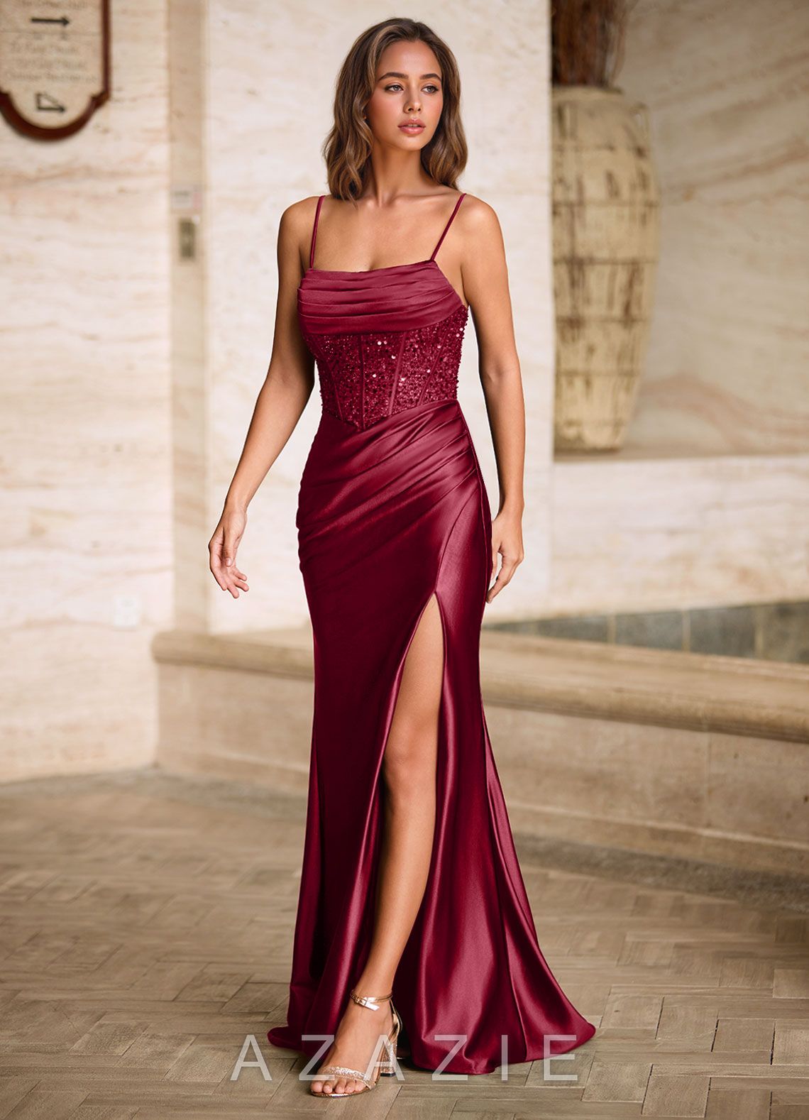 Starlit Burgundy Cowl Neck Sequin Corset Dress  burgundy