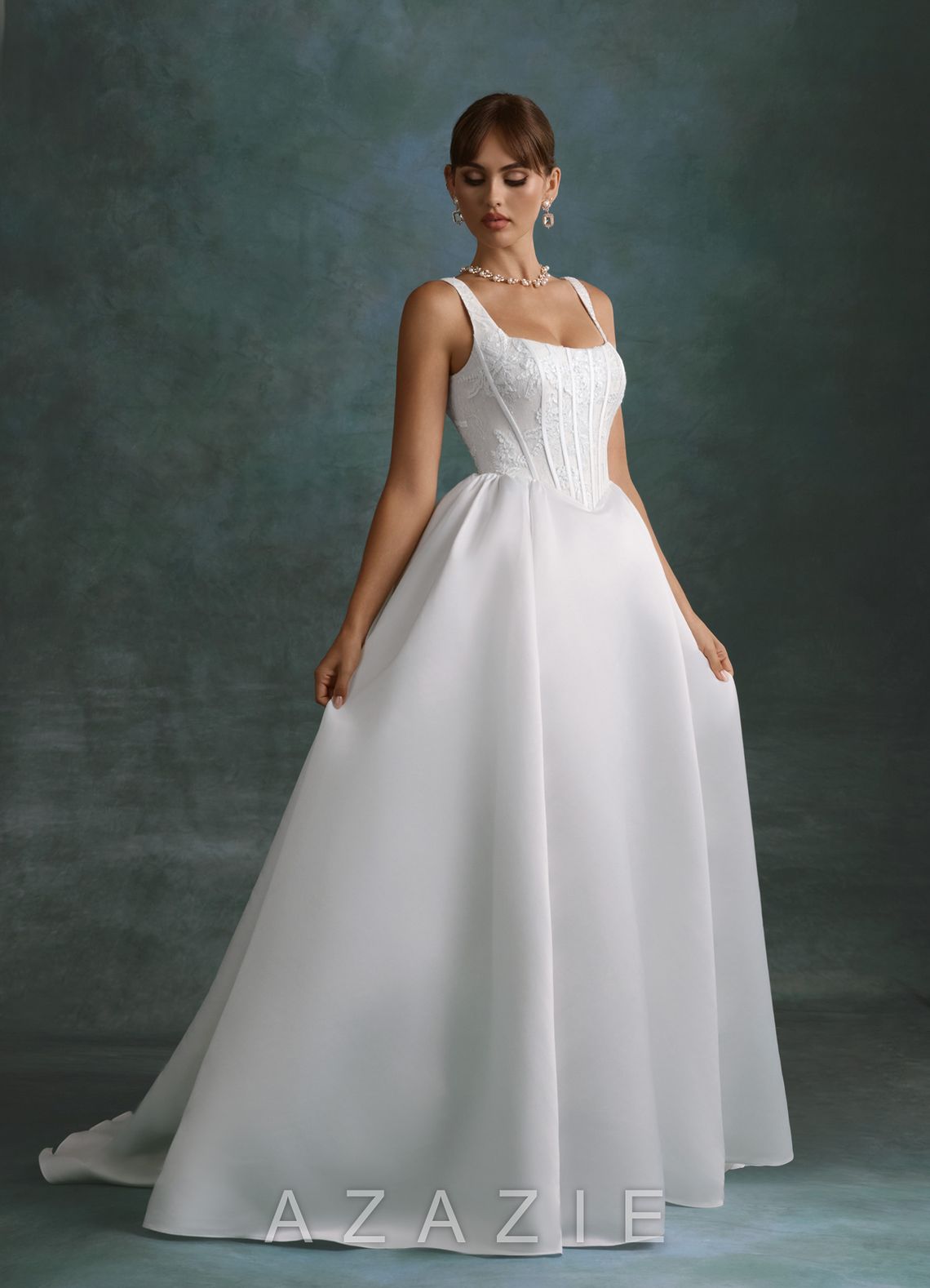 Azazie Belle Diamond White Ball-Gown Satin Dress