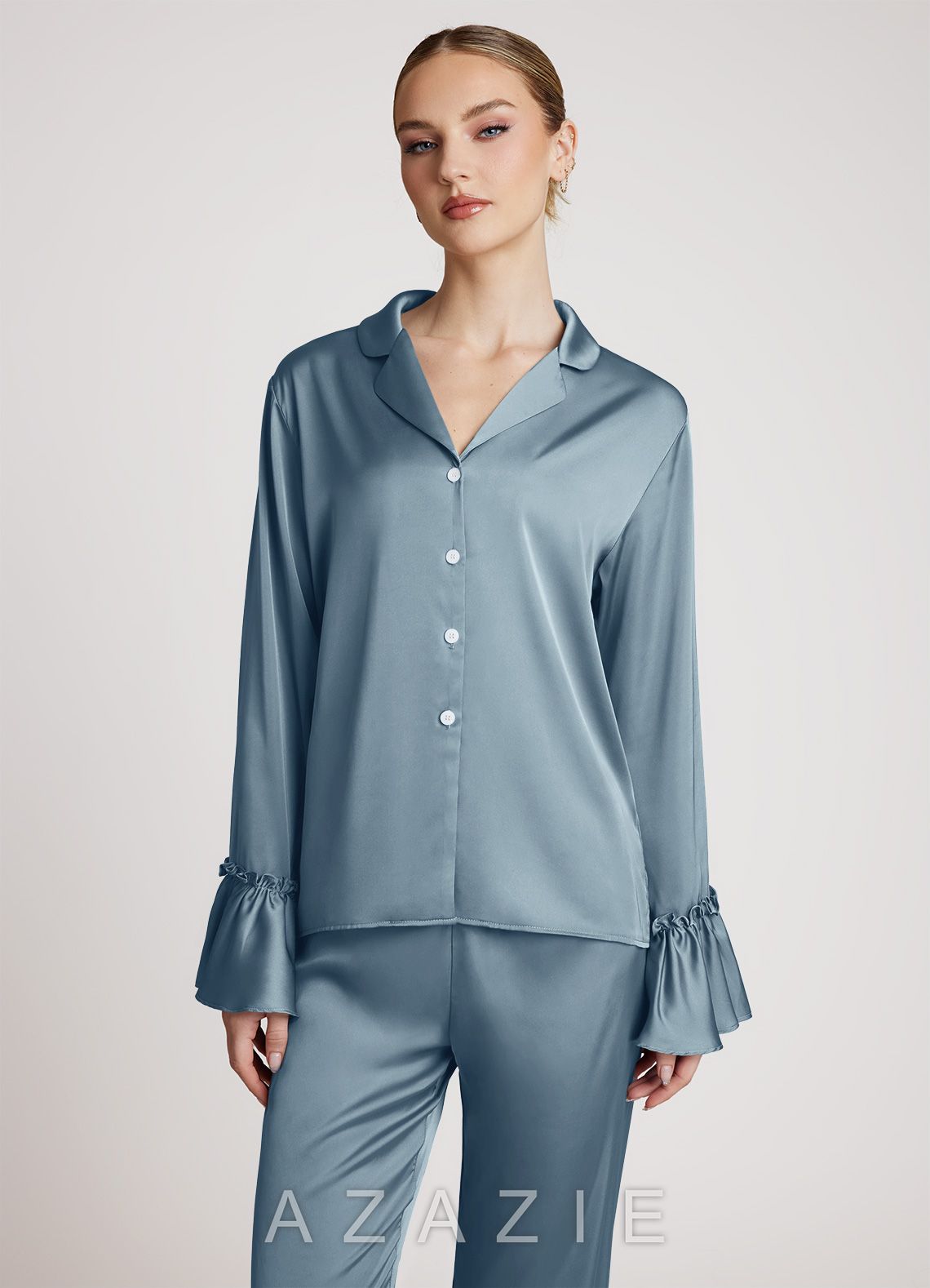 Lightweight Satin Ruffle Pajama Set  dusty_blue