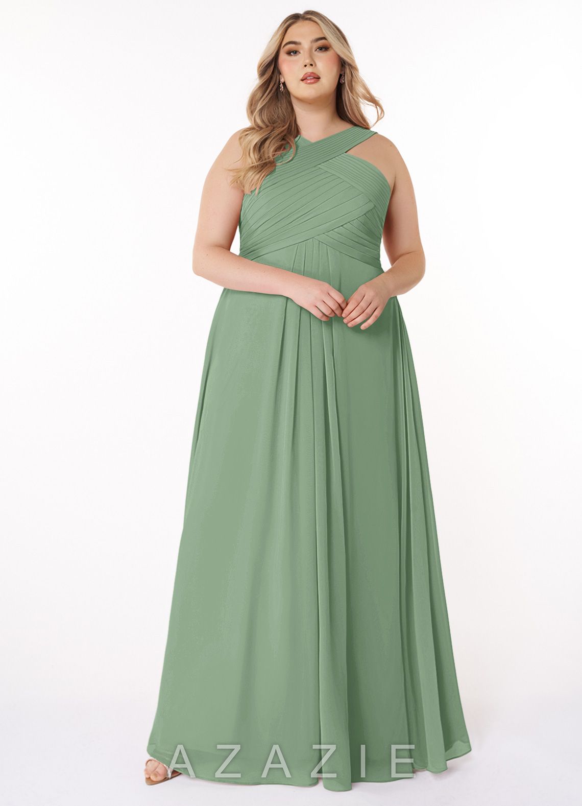 Azazie Kaleigh Matcha A-Line Pleated Chiffon Dress matcha