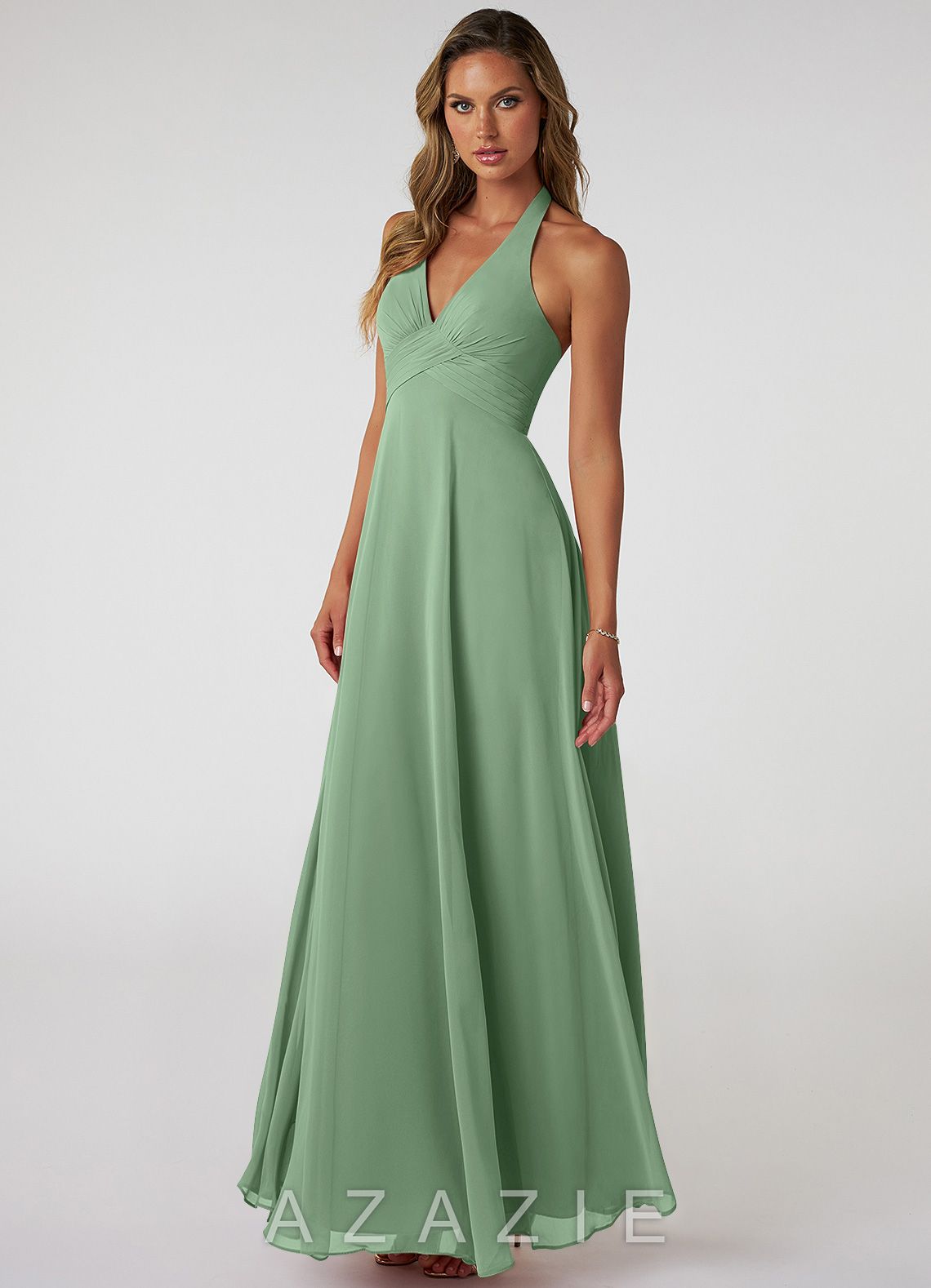 Azazie Tessie Matcha A-Line V-Neck Pleated Chiffon Dress matcha