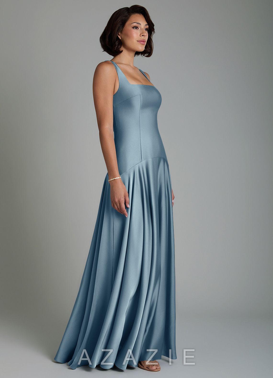Azazie Reina Dusty Blue A-Line Pleated Stretch Satin Dress dusty_blue