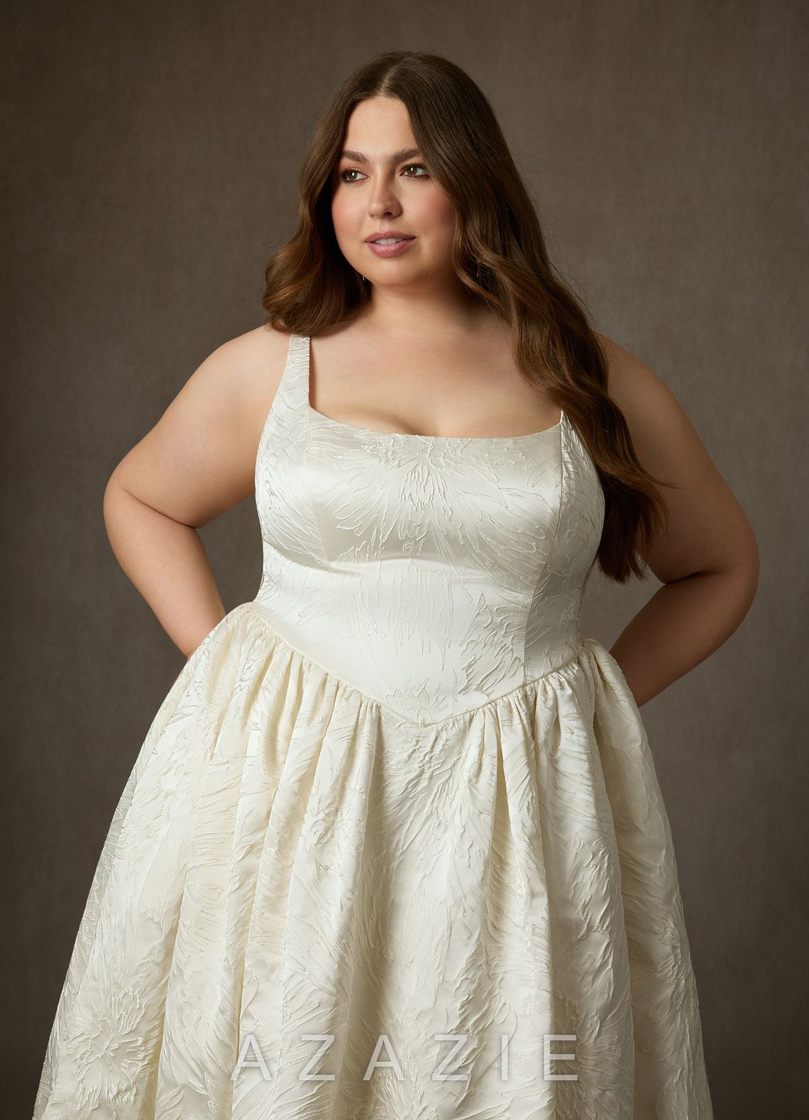Azazie Skylin Antique White Ball-Gown with Pockets Floral Jacquard Dress antique_white