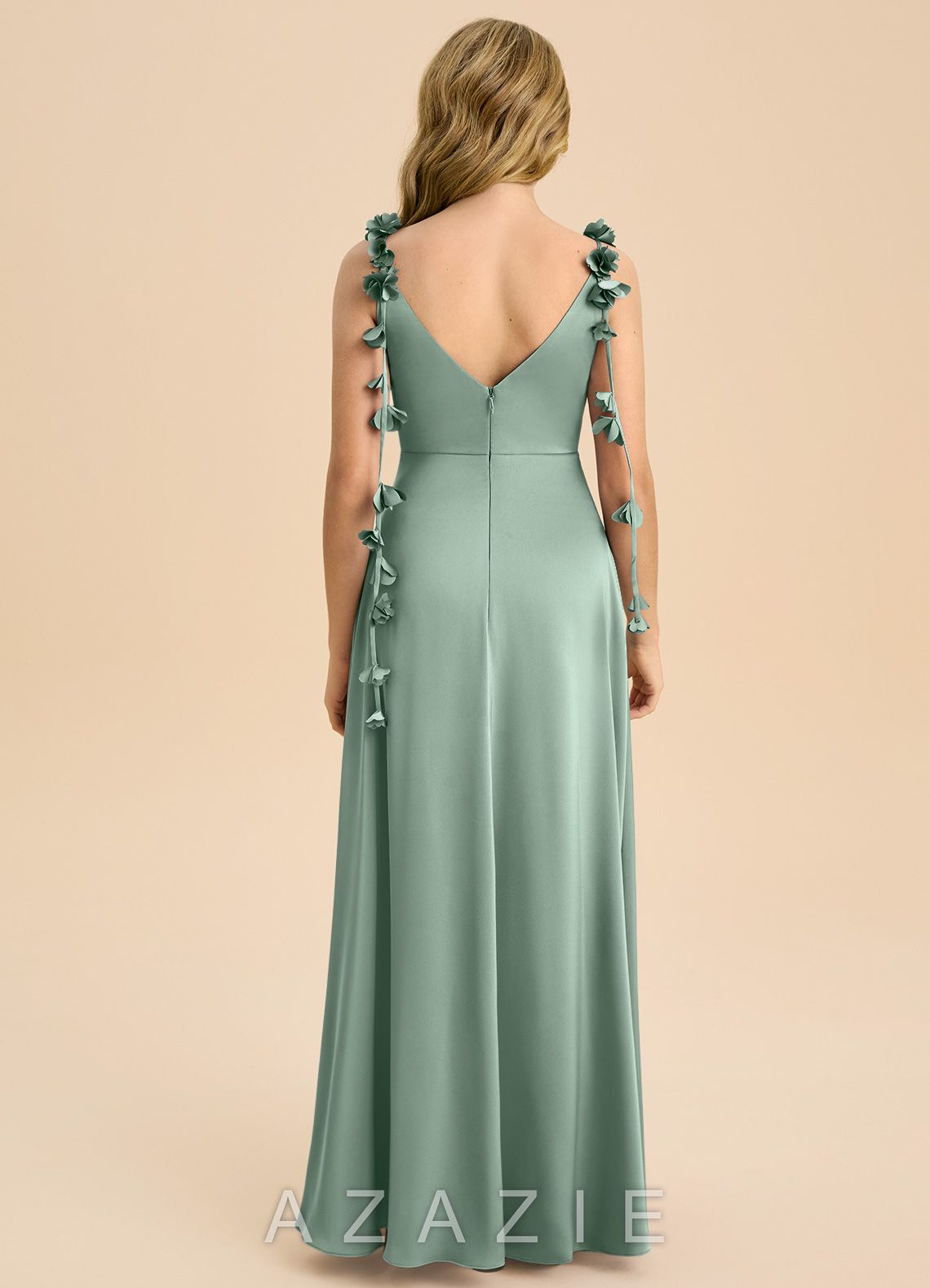 Azazie Gumdrop Junior Agave Empire Pleated Stretch Satin Dress agave