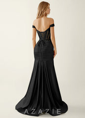Gueritemar Black Lace Sequin Embroidery Stretch Satin Prom Dress