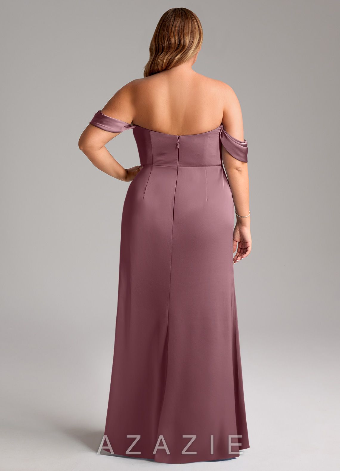 Azazie Saige Amethyst Sheath Off the Shoulder Stretch Satin Dress amethyst