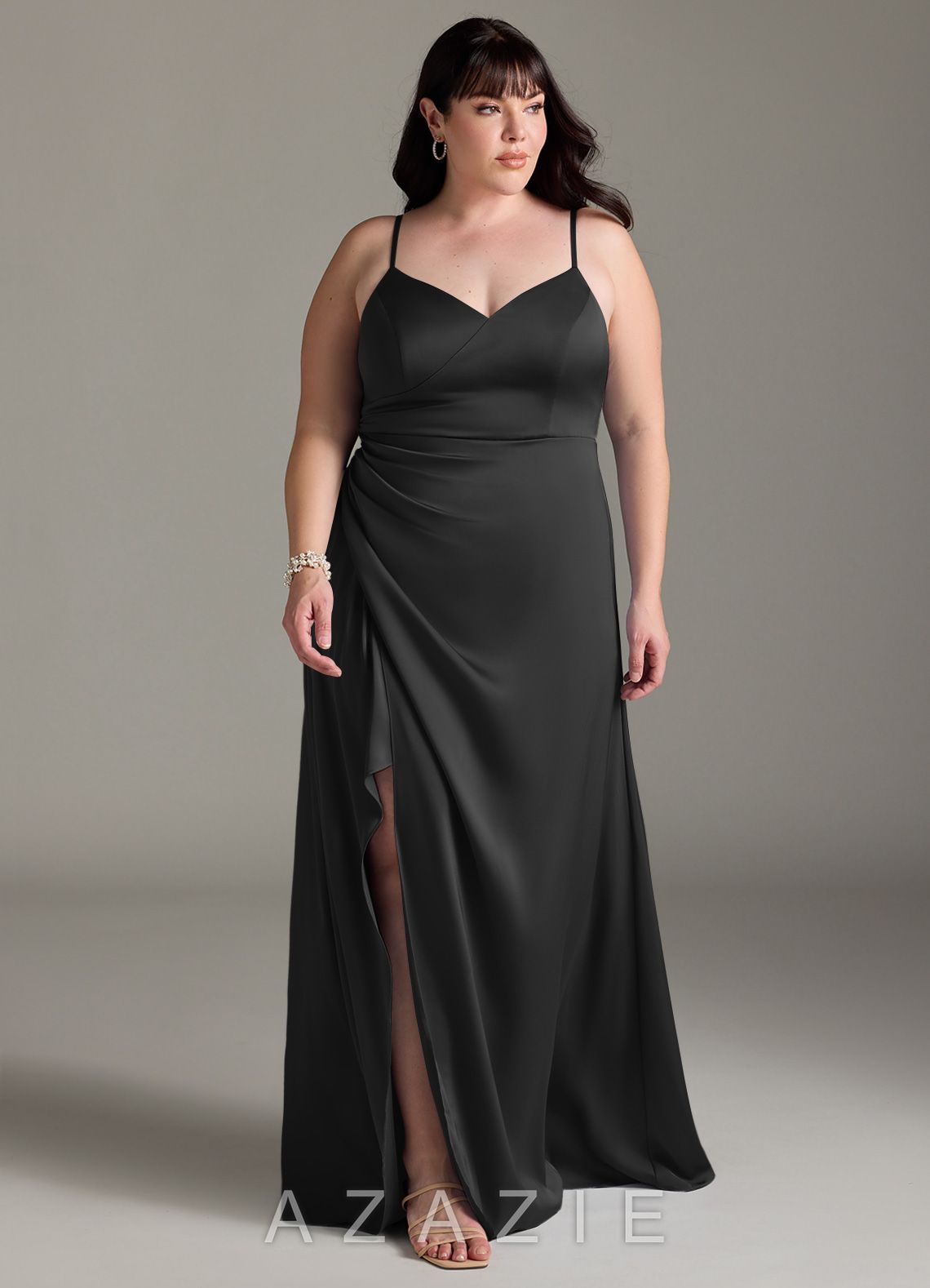 Azazie Marchella Black A-Line Corset Stretch Satin Dress black