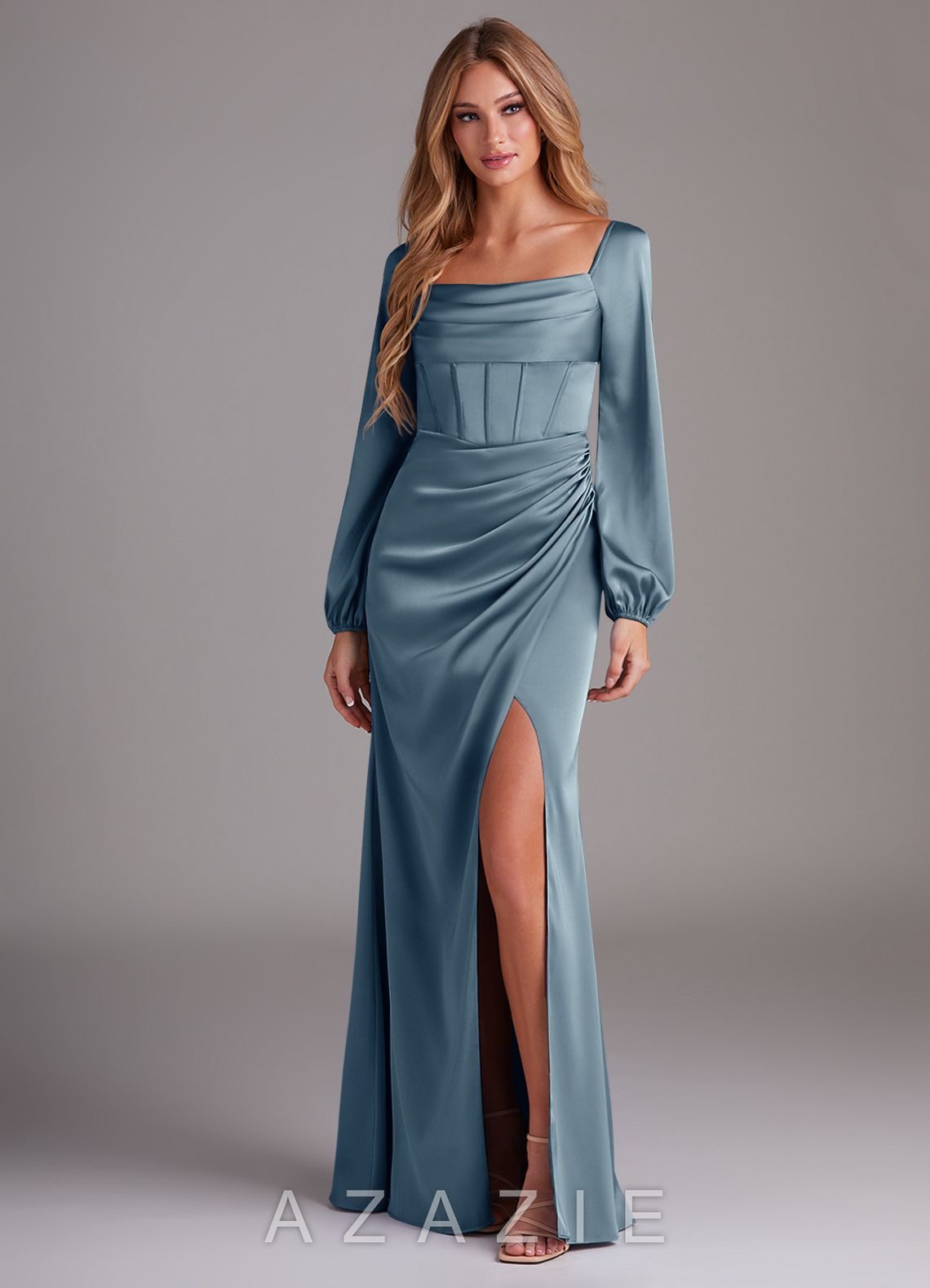 Azazie Charissa Dusty Blue Sheath Long Sleeve Stretch Satin Dress dusty_blue