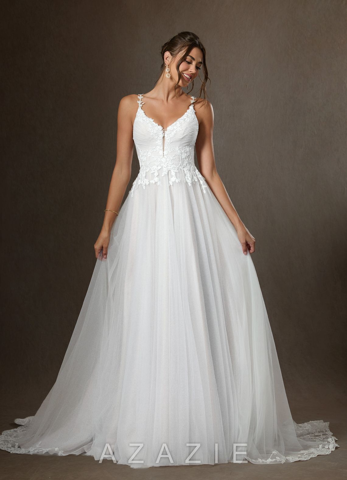 Azazie Devi Wedding Dress Diamond White A-Line V-Neck Lace Tulle Dress diamond_white