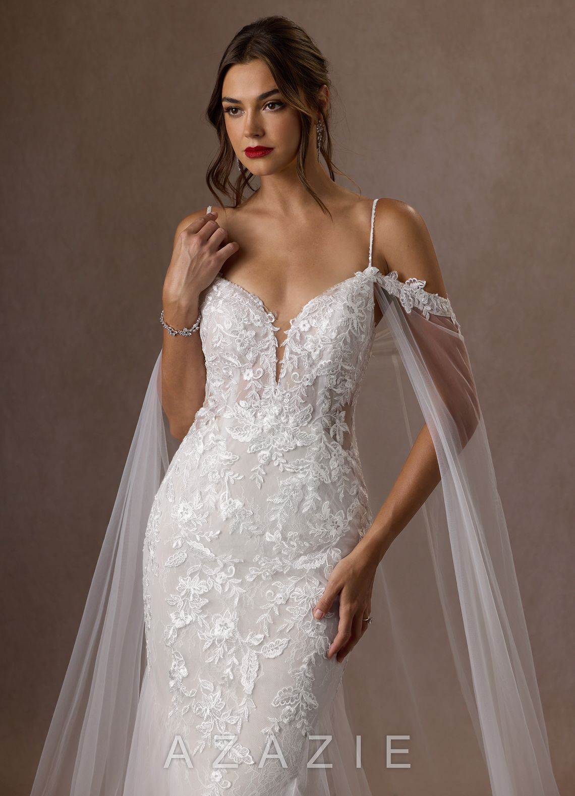 Azazie Leonie Wedding Dress Diamond White Mermaid V-Neck Sequins Tulle Dress diamond_white