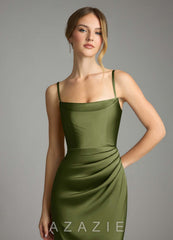 Azazie Leonis Olive Mermaid Pleated Stretch Satin Convertible Dress olive