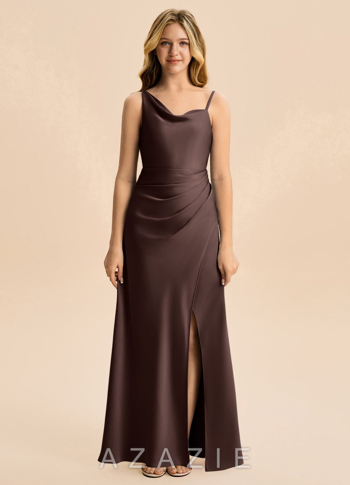 Azazie Abby Junior Ganache Sheath Pleated Stretch Satin Dress ganache