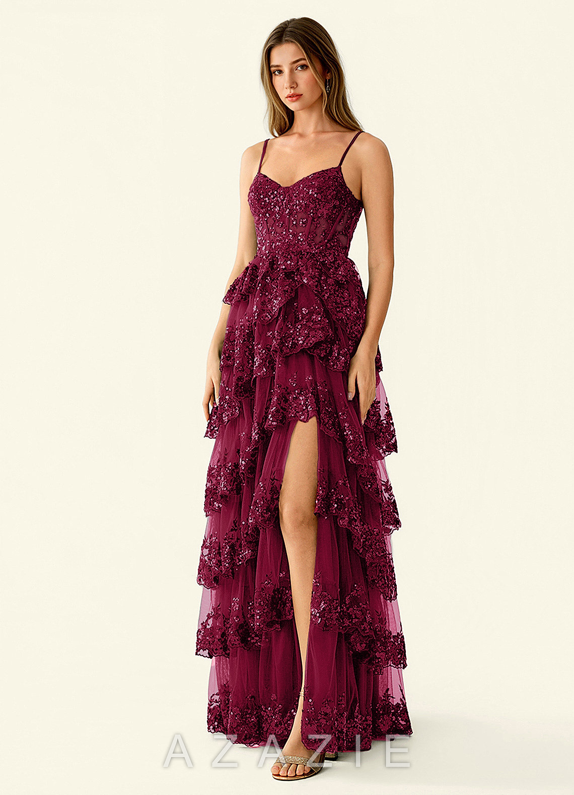 Tindra Burgundy Sequins Ruffles Prom Dress