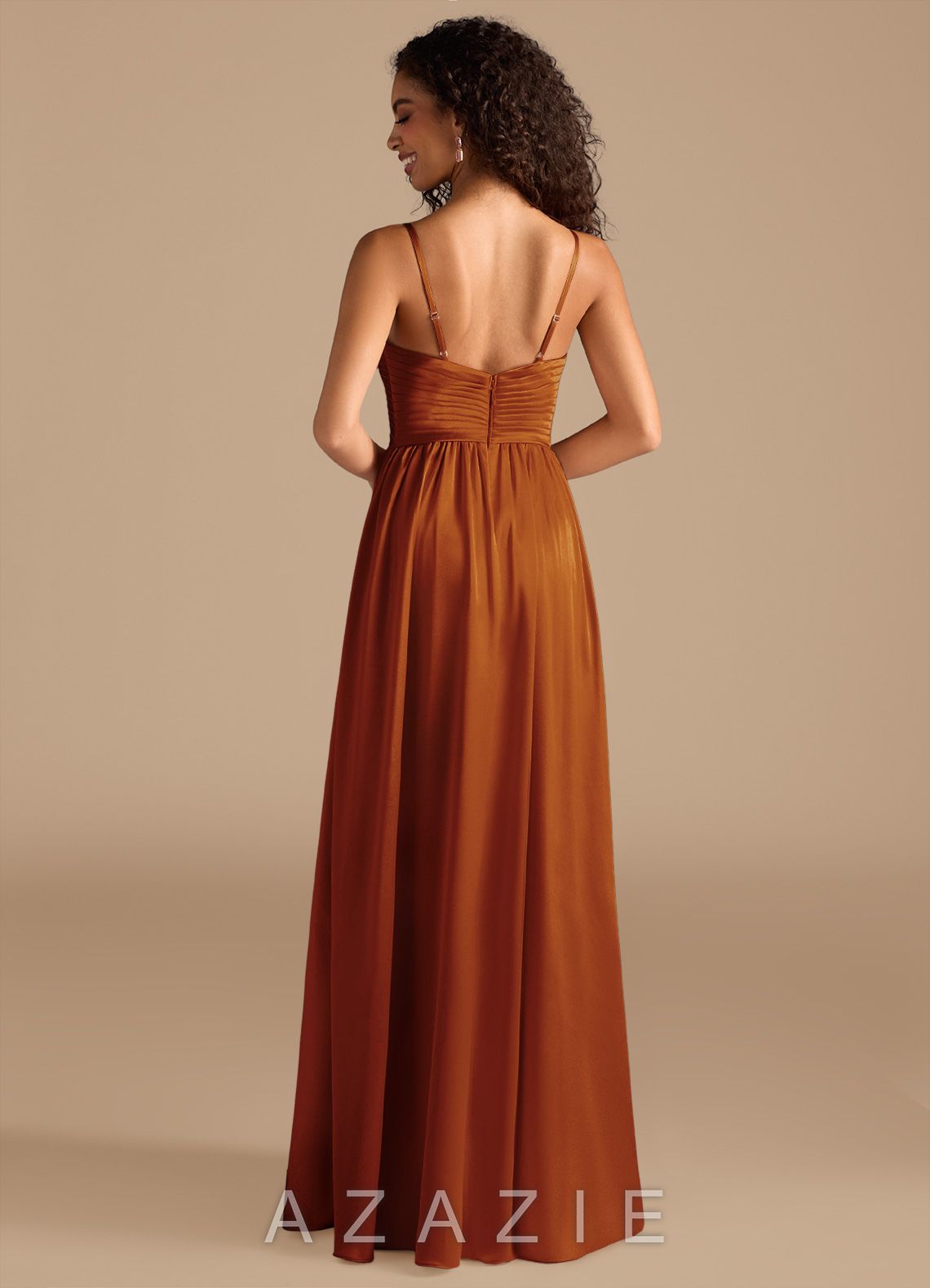 Azazie Alia Auburn A-Line Pleated Metallic Satin Dress auburn