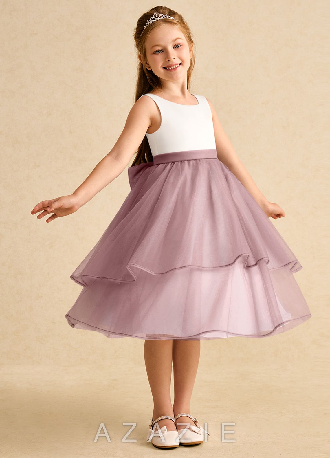 Azazie Rene Ivory Dusty Rose A-Line Bow Tulle Dress