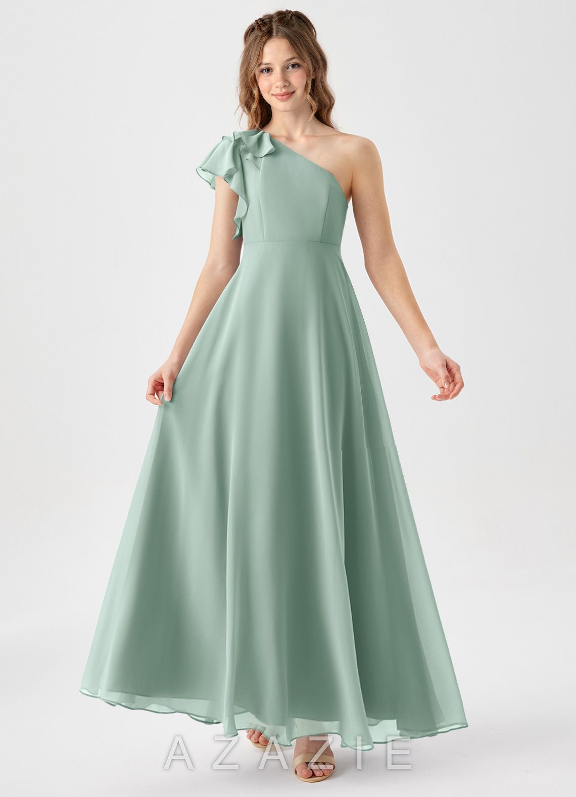 Azazie Arabella Junior Agave A-Line Ruched Chiffon Dress