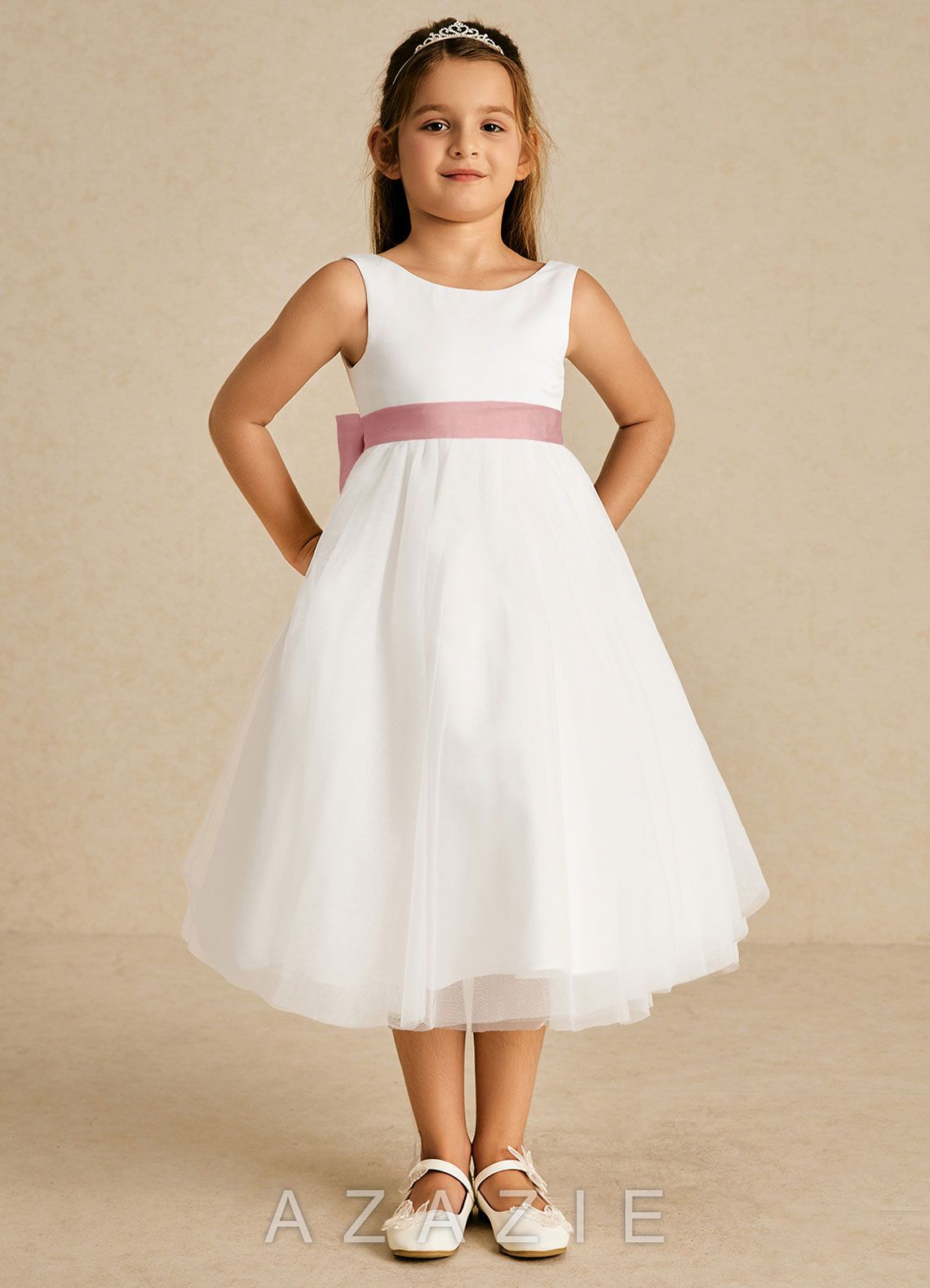 Azazie Kavi Ivory Dusty Rose A-Line Bow Matte Satin Dress ivory/dusty_rose