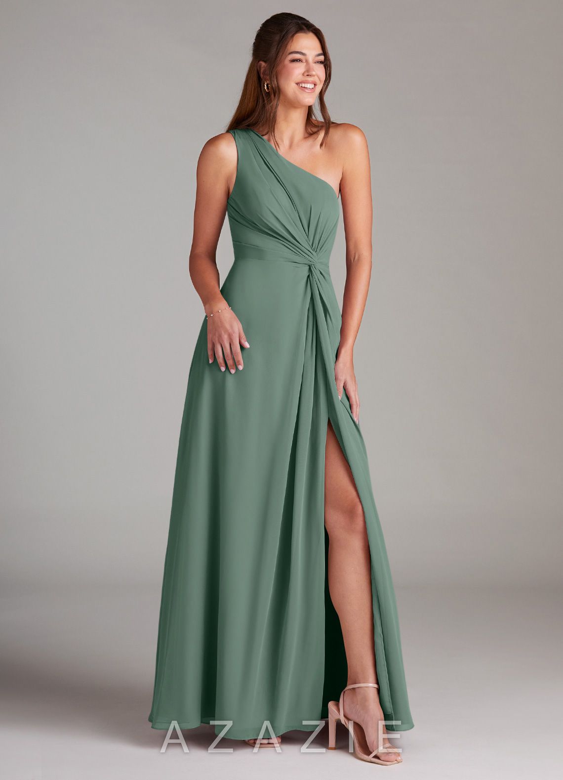 Azazie Brooke Eucalyptus A-Line One Shoulder Chiffon Dress eucalyptus