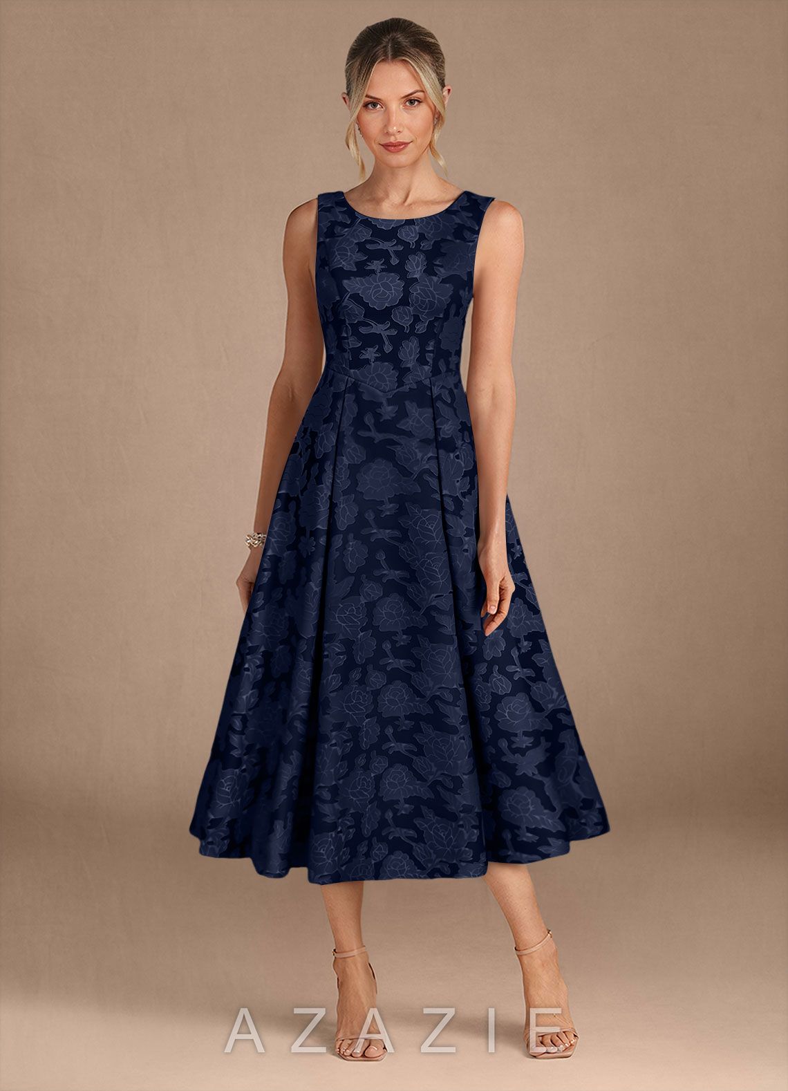 Azazie Fulton Dark Navy A-Line Pleated Floral Burnout Dress dark_navy