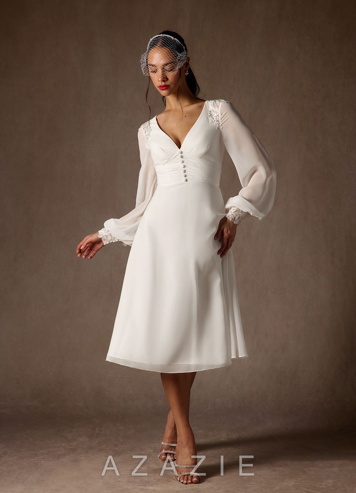 Azazie Amila Wedding Dress Diamond White A-Line V-Neck Lace Chiffon Dress