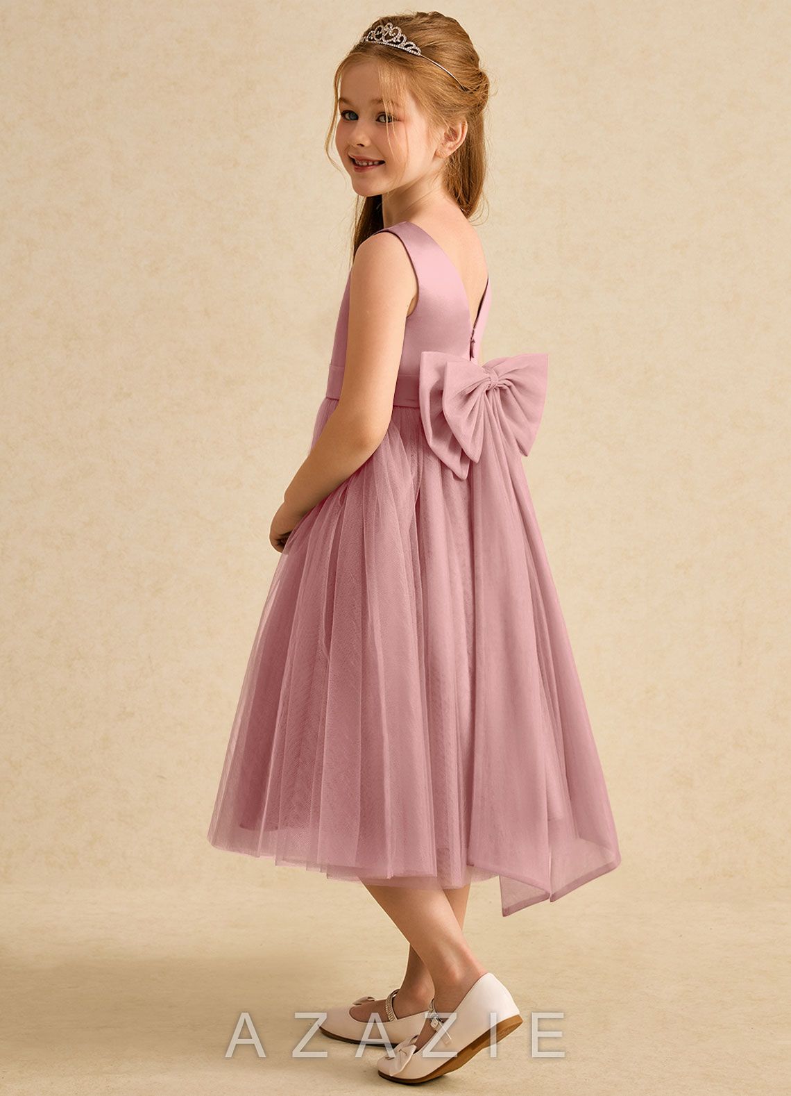 Azazie Winnie Dusty Rose Ball-Gown Bow Tulle Dress dusty_rose