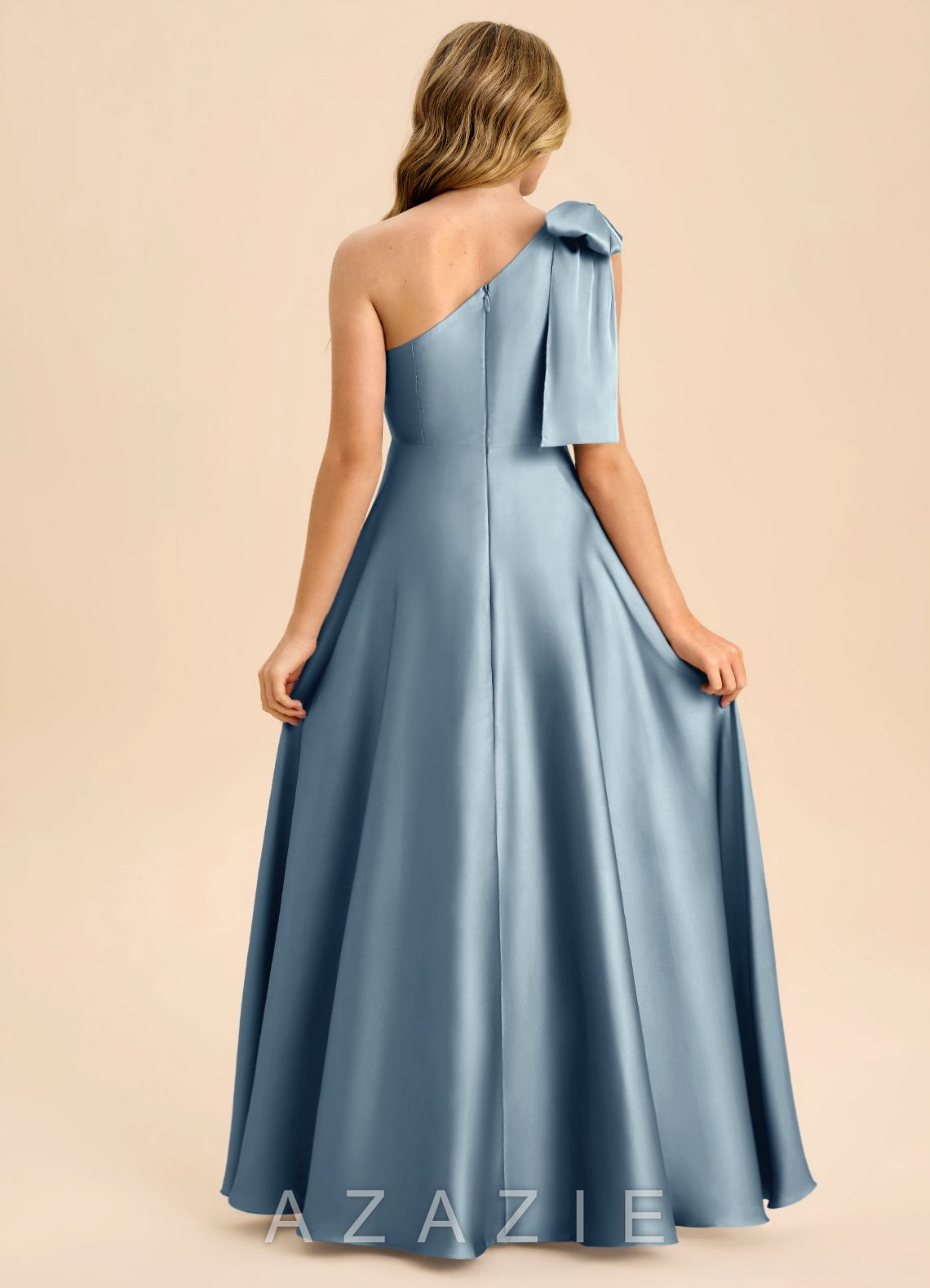 Azazie Penguin Junior Dusty Blue A-Line Bow Stretch Satin Dress dusty_blue