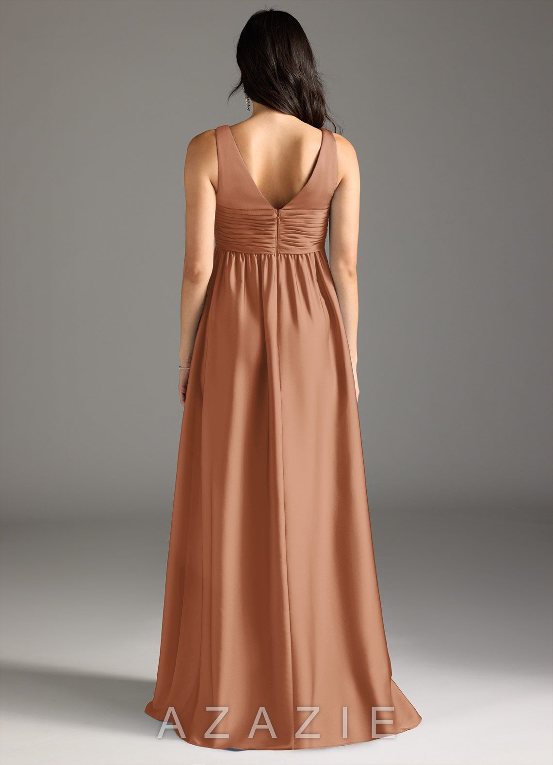 Azazie Yetta A-Line Pleated Stretch Satin Floor-Length Dress bronzer