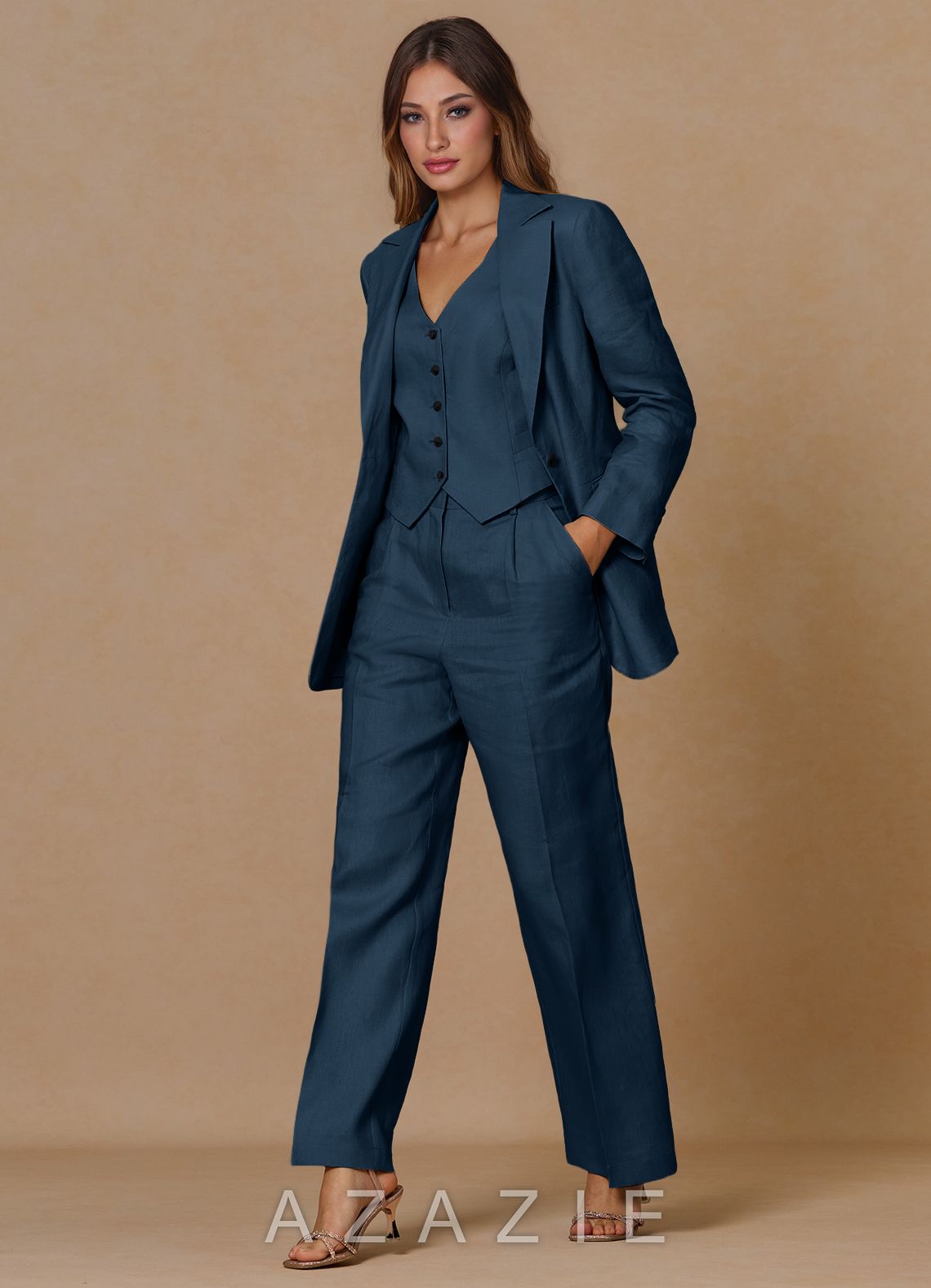 Belicia Dark Navy 100% Linen 3-Piece Suit