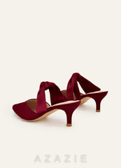 Matching Color Stretch Satin Bow Pointed Toe Kitten Heel Mules