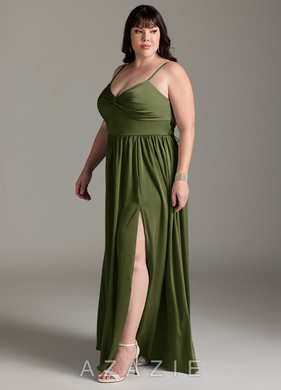 Azazie Zeya Olive A-Line Pleated Stretch Satin Dress olive