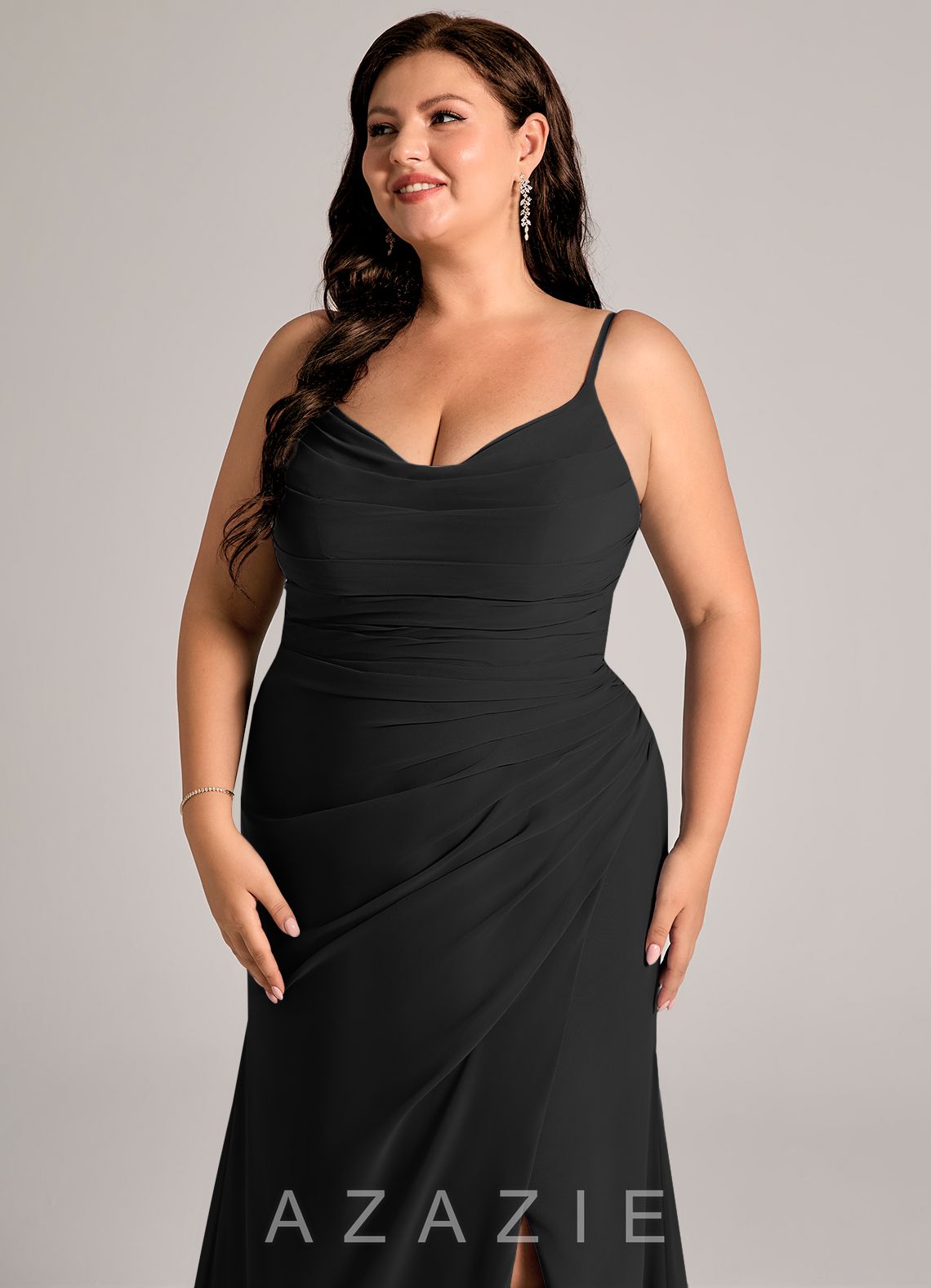 Azazie Deandra Black Mermaid Pleated Chiffon Dress black