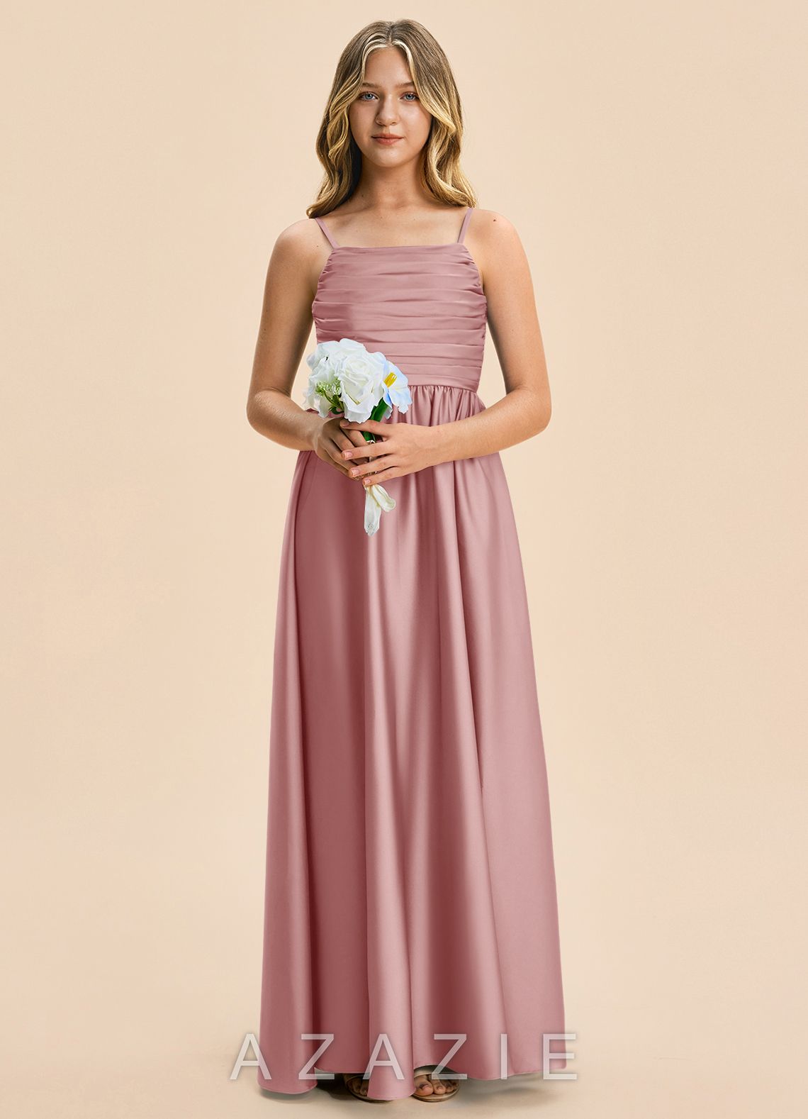 Azazie Kai Junior Dusty Rose A-Line Pleated Stretch Satin Dress dusty_rose