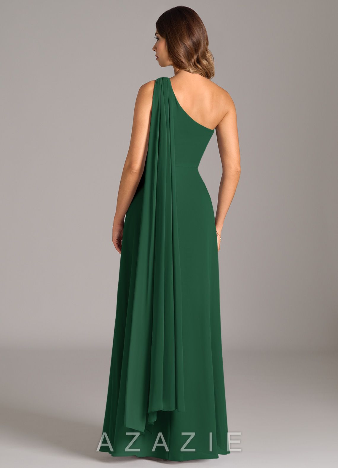 Azazie Tella Dark Green A-Line One Shoulder Chiffon Dress dark_green