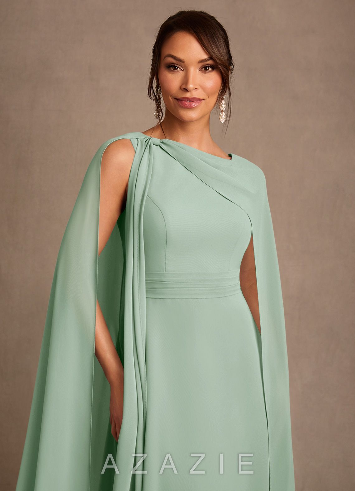 Azazie Liddie Agave A-Line Pleated Chiffon Dress agave