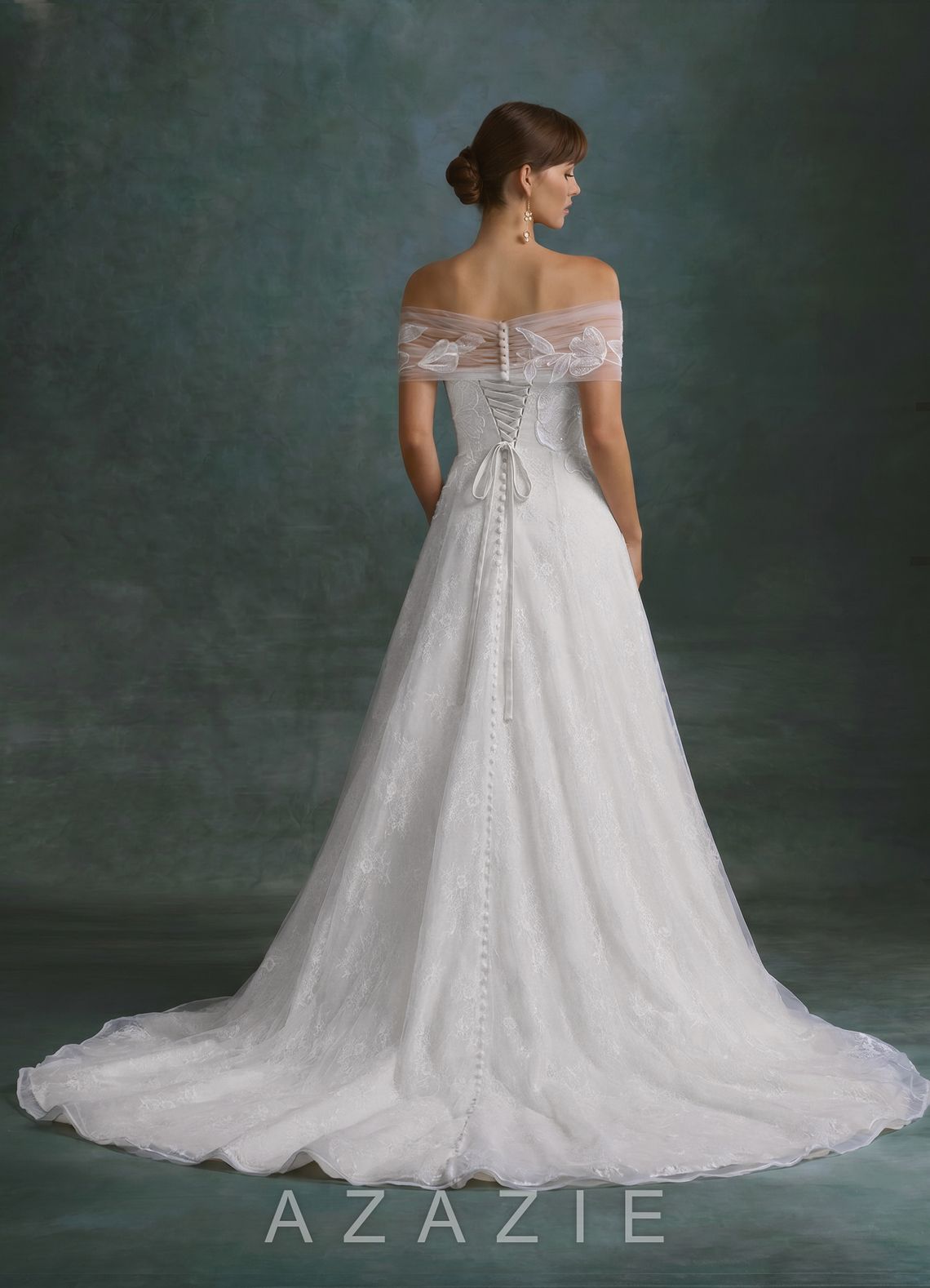 Azazie Berkely Diamond White A-Line Off the Shoulder Tulle Dress