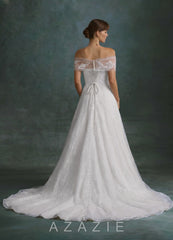Azazie Berkely Diamond White A-Line Off the Shoulder Tulle Dress