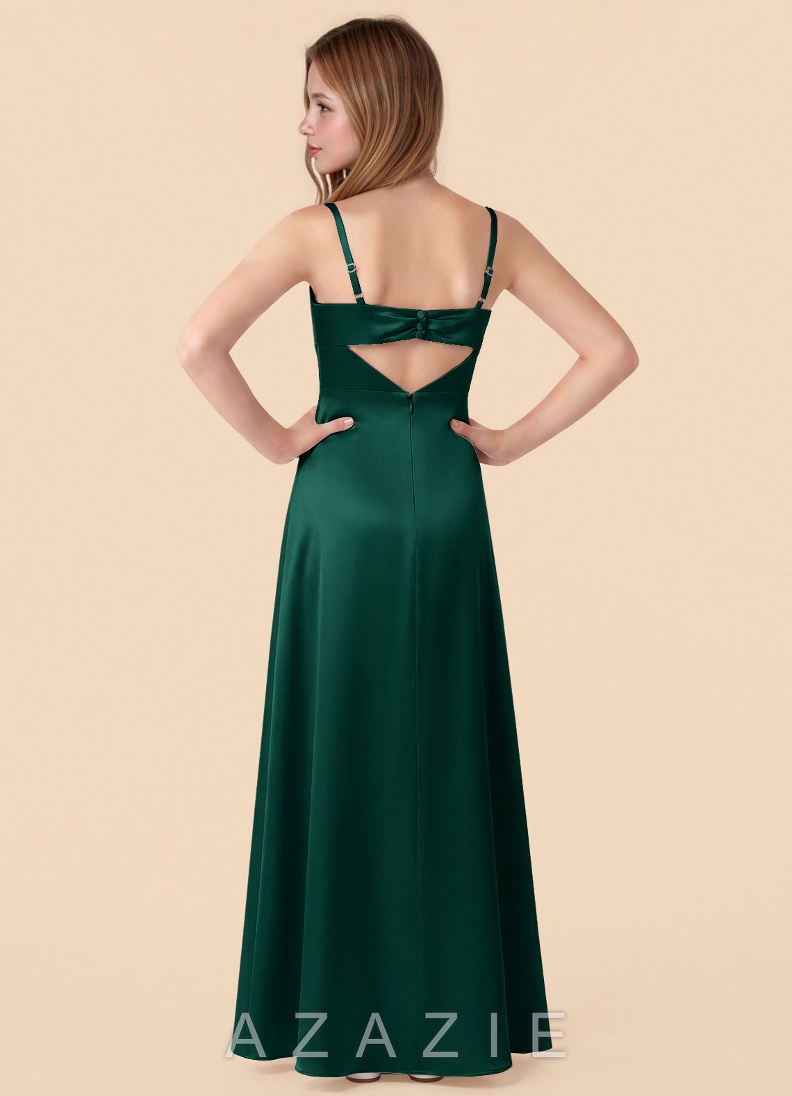 Azazie Renna Junior Emerald Mermaid Pleated Stretch Satin Dress emerald