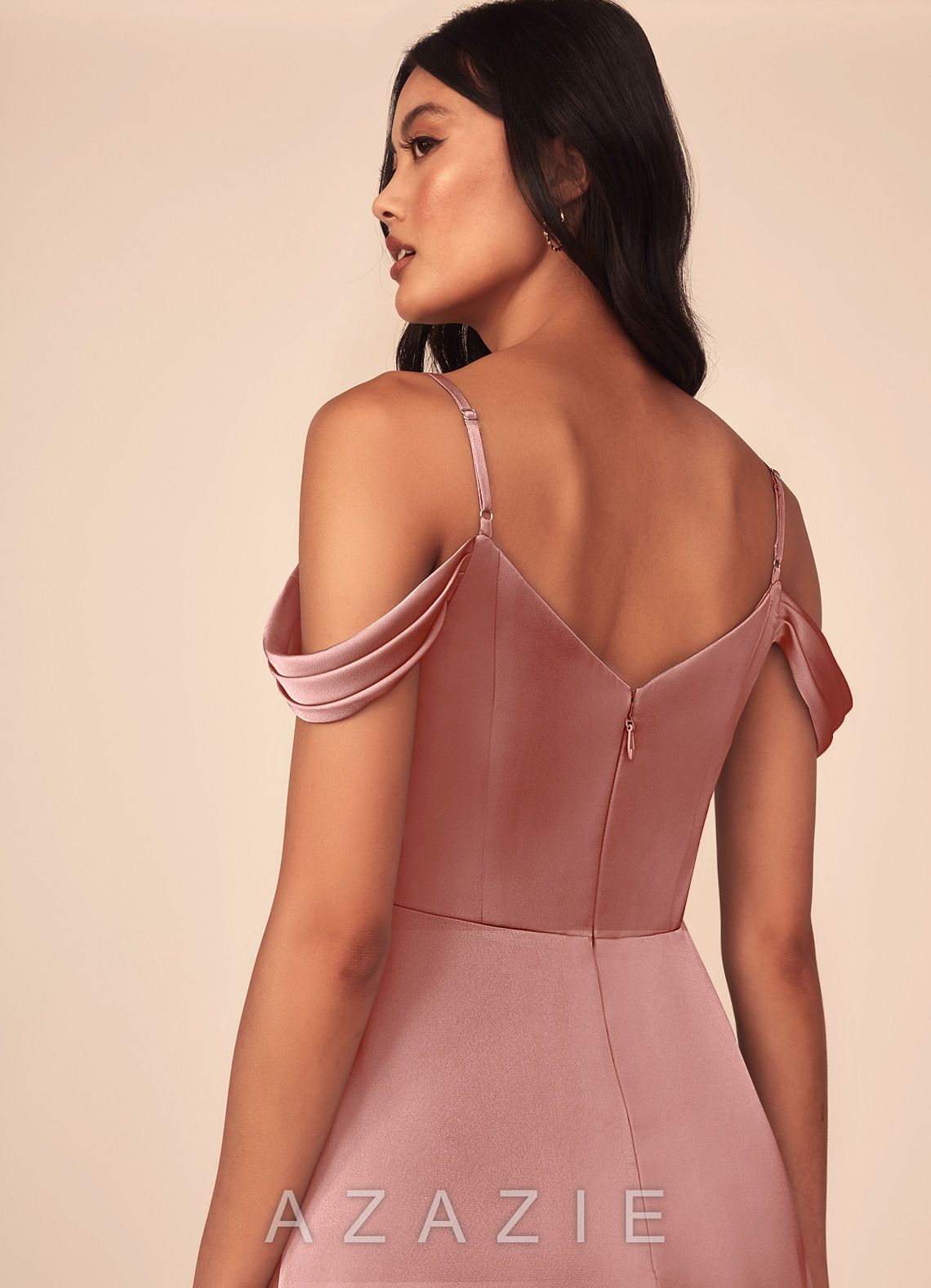 Azazie Ocean Rosette A-Line V-Neck Pleated Stretch Satin Dress rosette